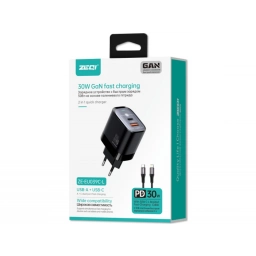 ZEQI CARGADOR DE PARED GAN (USB-A + PD USB-C 30W + CABLE LIGHTNING) ZE-EU039C-L